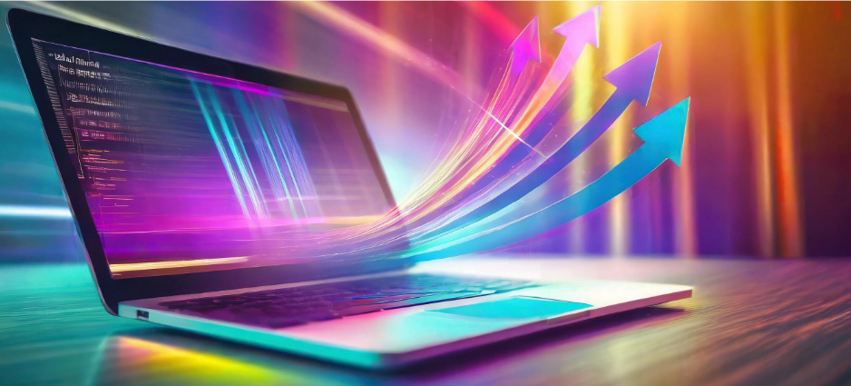 A dynamic and futuristic scene depicting a website bursting forth from a laptop screen, symbolizing growth and potential.